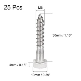 sourcing map Hex Lag Screws, M6 x 30mm 304 Stainless Steel Half Thread Self-Tapping Bolts for Wood Screw 25Pcs