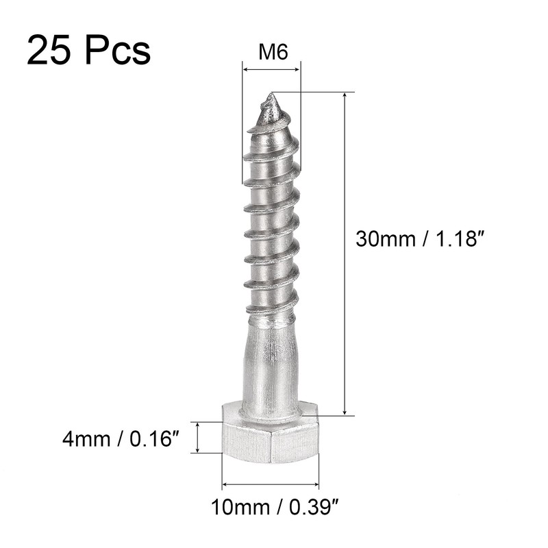 sourcing map Hex Lag Screws, M6 x 30mm 304 Stainless