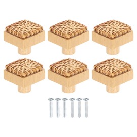 sourcing map 6 Pack Rattan Dresser Knobs, 1.26" Handmade Wicker Woven Drawer Knobs Square Beech Wood Cabinet Knobs with Screws for Furniture Wardrobe Cupboard, Brown
