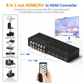 8-in-1 HDMI/AV Switch with Remote Control, 4K@60Hz 4:4:4, 4×HDMI & 4×RCA Inputs to 1×HD MI Output, HDR10/Dolby Vision, 18Gbps, 3D Support for TV/Projector/Monitor