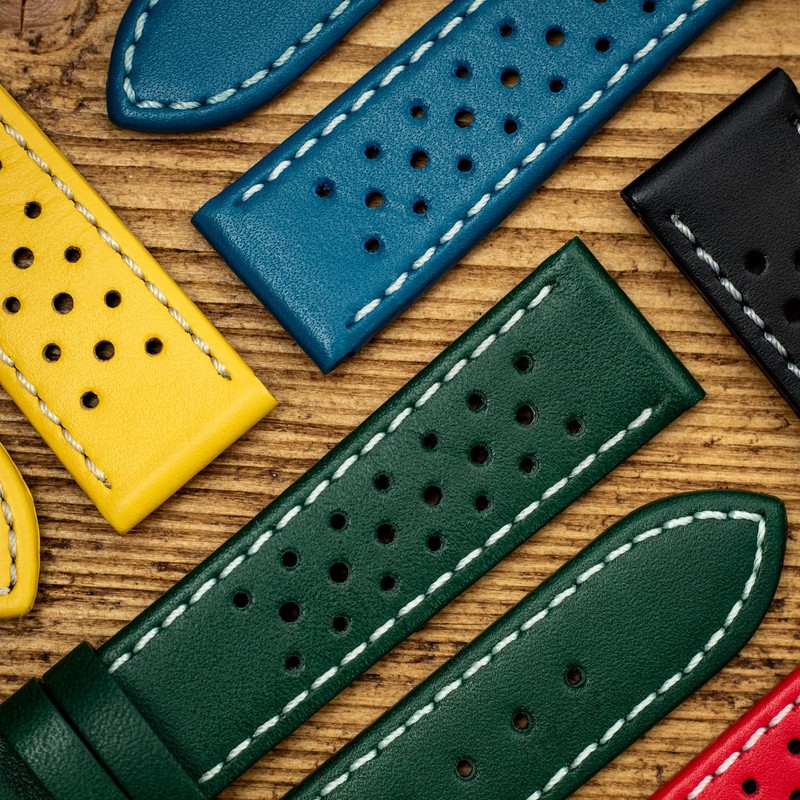 Perforated Leather Rally Strap - Available in Blue, Black, Yellow,
