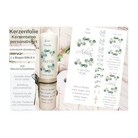 Personalisierte Kerzensticker TAUFE, KOMMUNION, KONFIRMATION, HOCHZEIT - EUKALYPTUS auf Transferfolie, Kerzen-Tatoofolie, Kerzenfolie, Wasserschiebefolie f√ºr Taufkerzen und Kommunionkerzen