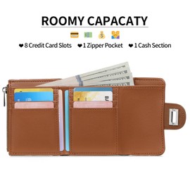 GOIACII Women's Small Soft Leather Wallet, Short Format Purse with 8 Card Slots and Zip Coin Compartment Wallet, dark brown, Minimalist