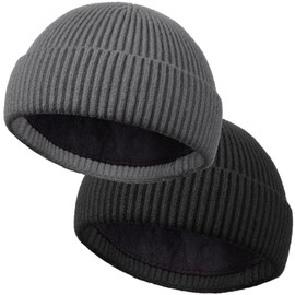 ROYBENS 2PCS Wool Short Fisherman Beanie for Men Women, Cuff Knit & Fleece Lined Swag Winter Warm Hat Soft Beanies Skull Cap Unisex