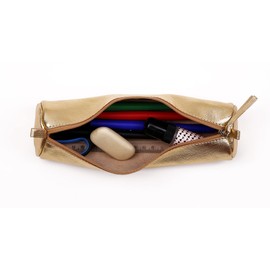 Clairefontaine - Ref 8692C - Cuirisé' Leather Round Pencil Case - 22cm x 5.5cm, Made From Genuine Lambskin Leather, Metal Zip With Leather Puller - Gold