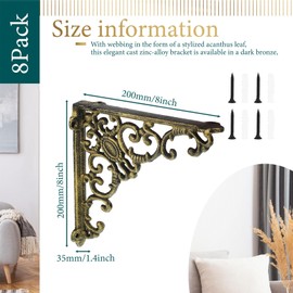 Lounsweer 8 Pcs Heavy Duty Antique Brass Shelf Brackets 8'' Wall Mounted Shelf Brackets Decorative Floating Rack Shelving Hardware for Kitchen Bathroom Home Cabinet Shelves Support (Classic)