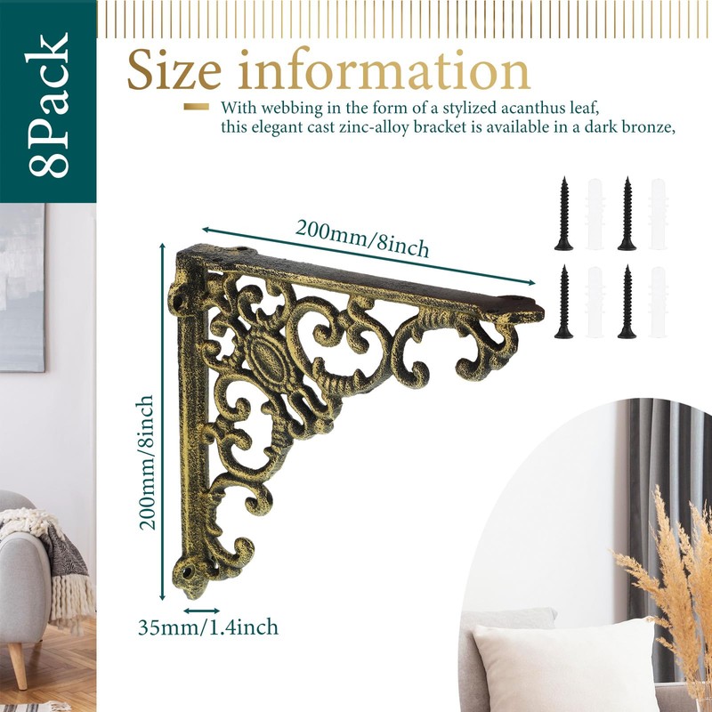 Lounsweer 8 Pcs Heavy Duty Antique Brass Shelf Brackets 8''