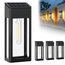 Solar Outdoor Lights Waterproof, 4 Pack Fence Lights Solar Powered with LED Bulbs, Metal Solar Wall Lights for Garden Porch Patio Yard and Garage, Aluminum and Glass Shade (Solar Wall Light 4 Pack)