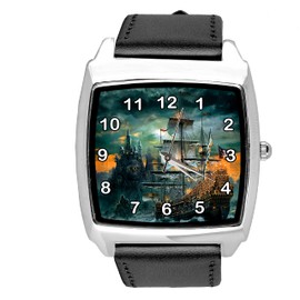 TAPORT Black Leather Square Watch for Ship Fans