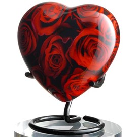 Olivia Memorials Urna de recuerdo en forma de corazón con rosas - Urna pequeña de cremación en forma de corazón rojo con soporte - Envase mini para cenizas - Urna en miniatura en forma de corazón para