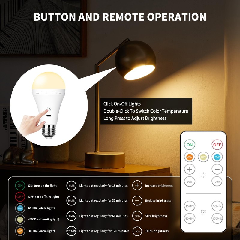E26 Rechargeable Light Bulbs with Remote Control, 2600mAh Battery Operated