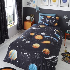 Happy Linen Company Boys Girls Kids Planets Space Rockets Glow In The Dark Navy Blue Single Duvet Cover Bedding Set
