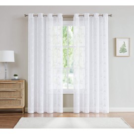 LINENZONE Pair of 2 Sheer White Curtains with White Leaf Embroidery. Modern Farmhouse Curtains for Living Room, Country Curtains for Kitchen or Bedroom Curtains. (Maria 54 x 63 White)