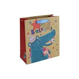 Eurowrap Brown Kraft Paper Crocodile Happy Birthday Gift Bag with Gift Tag, 100% Recyclable Medium