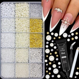 VOTACOS Nail Art Pearls With Rhinestones Glue Gel - Flatback Charms, Luxurious Supplies, Accessories - Gold Silver Gems Jewelry for Women DIY Design Decoration
