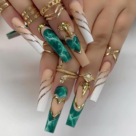 SINSEN Long Square Press on Nails Rhinestone Acrylic Fake Nails Glossy Green Extra Long False Nails with Gold Glitters Very Long Glue on Nails Kit Reusable Stick on Nails, 24PCS