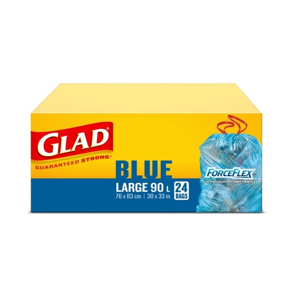 Glad BLUE BAGS WITH FORCEFLEX AND DRAWSTRINGS - 90L, 24EA