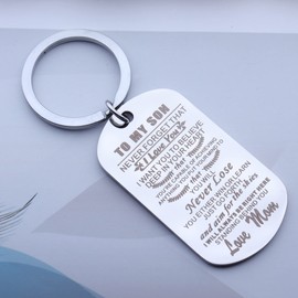 To My Son Keychain from Mom - Birthday and Graduation Gift - Never Forget I Love You Dog Tag Inspirational Keychain for Men