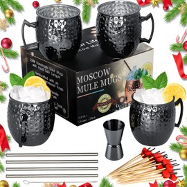 LINALL Moscow Mule Mugs- Set of 4 Gunmetal Black Plated Stainless Steel Mug 18oz, Measuring Cup, Cocktail Picks for Chilled Drinks (4pcs)
