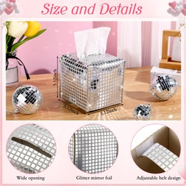 CroBlissful Disco Ball Tissue Box Cover Square Silver Sequin Tissues Cube Boxes Holder Glitter Decorative Tissues Cube Organizer for Bathroom Vanity Countertop Tabletop Night Stands Car Office