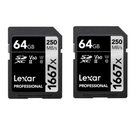 Lexar Professional 1667x SD Card 64GB Pack of 2 Memory Card SDXC UHS-II Up to 250 MB/s Read Class 10, U3, V60, SD for Professional Photographers, Videographers, Enthusiasts (LSD1667064G-B2NAA)