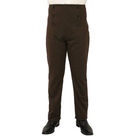 Historical Emporium Men's High Waist Cotton Regency Fall Front Trousers, Costume Cosplay Dress Pants with Suspender Buttons 32 Brown