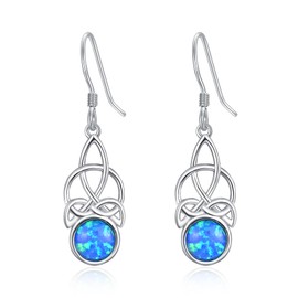 KINGWHYTE Celtic Knot Earrings 925 Sterling Silver Blue Opal Earrings Celtic Dangle Earrings Irish Jewellery Birthday Christmas Gifts for Women Girls