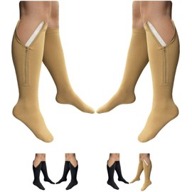 HealthyNees 2 Pairs Set Closed Toe 20-30 mmHg Zipper Compression Fatigue Swelling Circulation Knee Length Socks (S/M - 2 Pairs Beige)