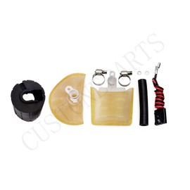 CUSTONEPARTS Bomba de combustible eléctrica de alto flujo con colador/filtro + junta de goma/manguera + abrazaderas de acero inoxidable + arnés de cableado de conector universal