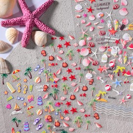 Summer 5D Embossed Ocean Nail Art Stickers Beach Nail Decals Self-Adhesive Nail Stickers Starfish Sea Shell Tree Designs Nail Art Supplies for Women Acrylic Nails DIY Manicure Decorations 4 Sheets
