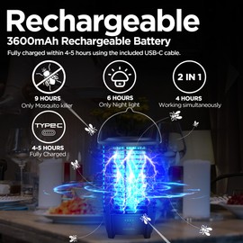Portable Bug Zapper Rechargeable, Working 9 Hours, Portable 4000v Uv Blue Light Electric Mosquito Zapper Bug Light with Led Light, Electric Insect Killer Fly Trap, Cordless Bug Zapper Outdoor