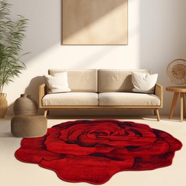 Rose Rug 5ft Round Area Rugs Cute Plush Flower Shaped Rug Circle Girly for Bedroom Floor Living Room Carpet 304 Red