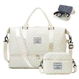 Weekender - Bolsa de viaje con compartimento para zapatos, bolsa de lona grande para deportes, gimnasio con bolsa de aseo, Beige, Una talla