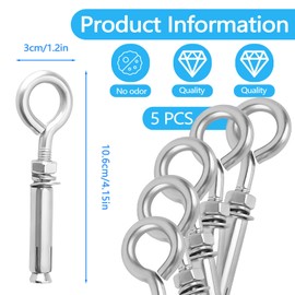 Fatiya 5 Pack Expansion Concrete Wall Anchors Eye Bolts Screw, 304 Stainless Steel Concrete Wall Hooks, M8 x 106Mm Concrete Eye Bolt Anchor Hook for Concrete Wall