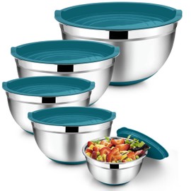 TeamFar Mixing Bowls with Lids Set, 7/3.5/2.5/1.5/1 QT, Stainless Steel Large Metal Nesting Salad Bowl Set of 5, Healthy & Sturdy, Non-slip Bottom & Airtight Lid-Blue