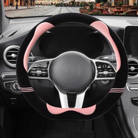 Binsheo Furry Cute D Shaped Steering Wheel Cover, Soft Fluffy Short Plush Auto Accessories, Non-Slip Cold-Proof Sweat-Proof Colorfast, Universal 15 inch(Black with Pink)