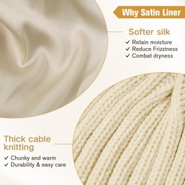 Satin Lined Beanie for Women Black Knit Winter Hats Silk Lined Warm Soft Womens Beanie with Detachable Pom Pom