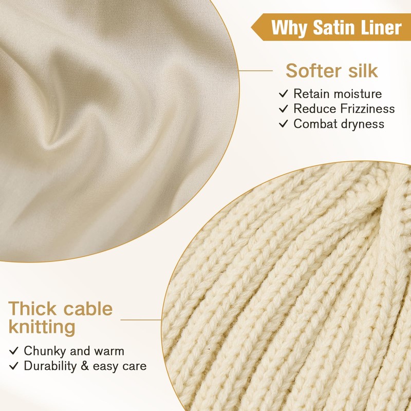Satin Lined Beanie for Women Black Knit Winter Hats Silk