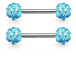 14GA Stainless Steel Crystal Paved Ferido Balls Nipple Barbells, Sold as a Pair, Metal, cubic-zirconia,