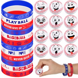 Seenelling 60 Pcs Baseball Party Favors, Sports Silicone Bracelets and Mini Face Stress Balls Party Favors for Sports Birthday Party Supplies Goodie Bags Team Gift