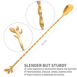 AnSaw Gold 12-Inch Stainless Steel Cocktail Spoon with Leaf Handle - Perfect for Mixing & Layering Drinks in Tall Cups, Bar & Shakers - Durable Long Handle Bar Stirrer,1-Pieces