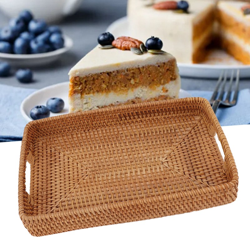 Serving Basket Tray with Handles Rattan Rectangle Large Capacity Durable