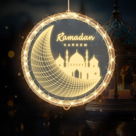 Threetols 3D Eid Ramadan LED Lights, Ramadan Kareem Lights Islam Mubarak Decor Window Warm Lights Decorations Eid Mubarak Lights Moon and Castle Hanging Lights for Outdoor Indoor Bedroom Party Decor