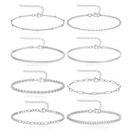 Wrlcorly 8Pcs Gold Bracelets 18K Gold Plated Stainless Steel Chain Bracelet Satellite Bead Box Herringbone Rope Paperclip Figaro Cuban Link Bracelet for Women Silver Gold Tone 6.5 Inches Adjustable