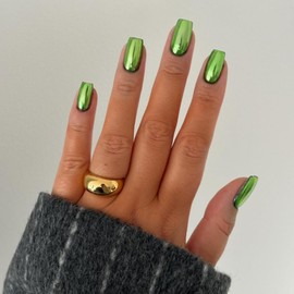 Mirror Metal Green Press on Nails Medium Short Square Chrome Glazed Short Gel Nails Press ons Shiny Plating Nails Acrylic Nails Reusable Thick Fake Nails for Women Glue on Nails Medium Length