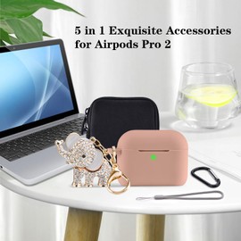 MOFREE for Airpods Pro 2 Case 2022, Soft 5 in 1 Silicone Protective Cover for Airpods Pro 2nd Generation Case Women with Bling Elephant Keychain, Wireless Charging [Front LED Visible]-Khaki