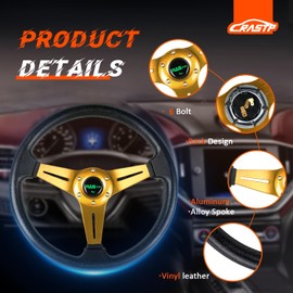 RASTP Universal Racing Steering Wheel 13.8”/350mm 6 Bolts Grip Vinyl Leather & Aluminum with Horn Button for Car -Gold