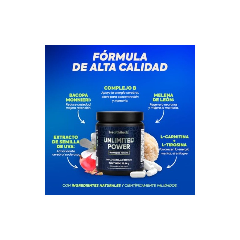 Nootropico Adaptógeno con Hongo Melena de León Bacopa L-Tirosina Hack