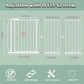 57.5"-62" Extra Wide Auto Closing Baby Safety Gate for Stairs & Doorways, Pressure Mounted No Drill Pet Gate with Walk-Through Door - Heavy Duty Childproof Gate for Toddlers, Kids, Dogs (White)