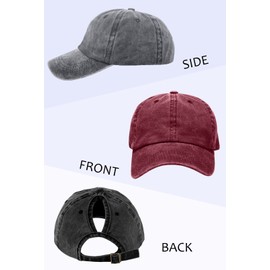 ZEXIAN 3 Pack Womens Vintage Washed Distressed Baseball-Cap with Ponytail Hole Sport Golf Hat (Black+Grey+Burgundy)
